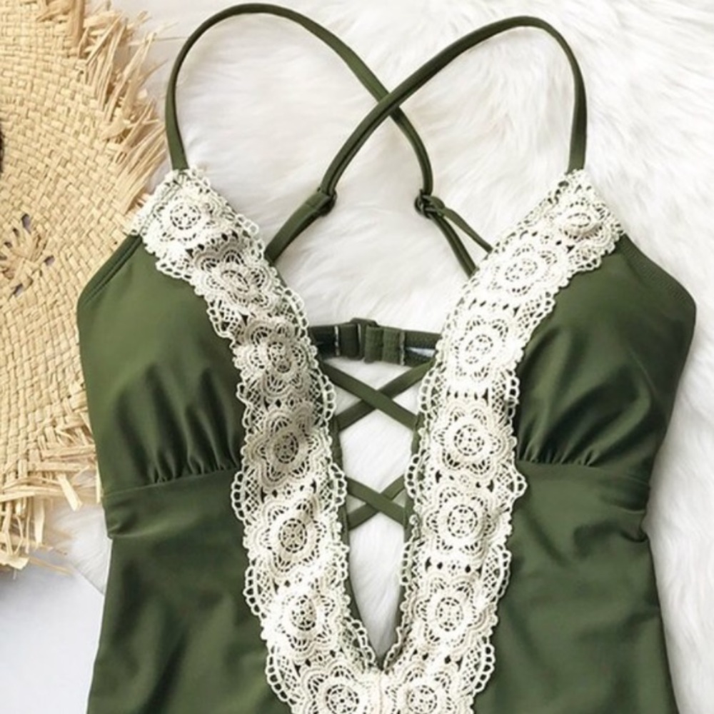 NWT CUPSHE LACE SPLICING OLIVE GREEN SUIT MEDIUM - Picture 3 of 5